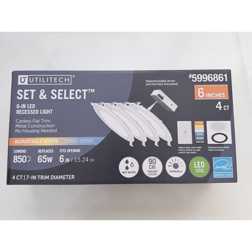 Utilitech 6in LED Recessed Trim Adjustable White 2700K-6500K 850lm 4ct